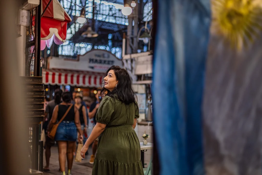 solo female traveler in san telmo market, solo female photoshoot
