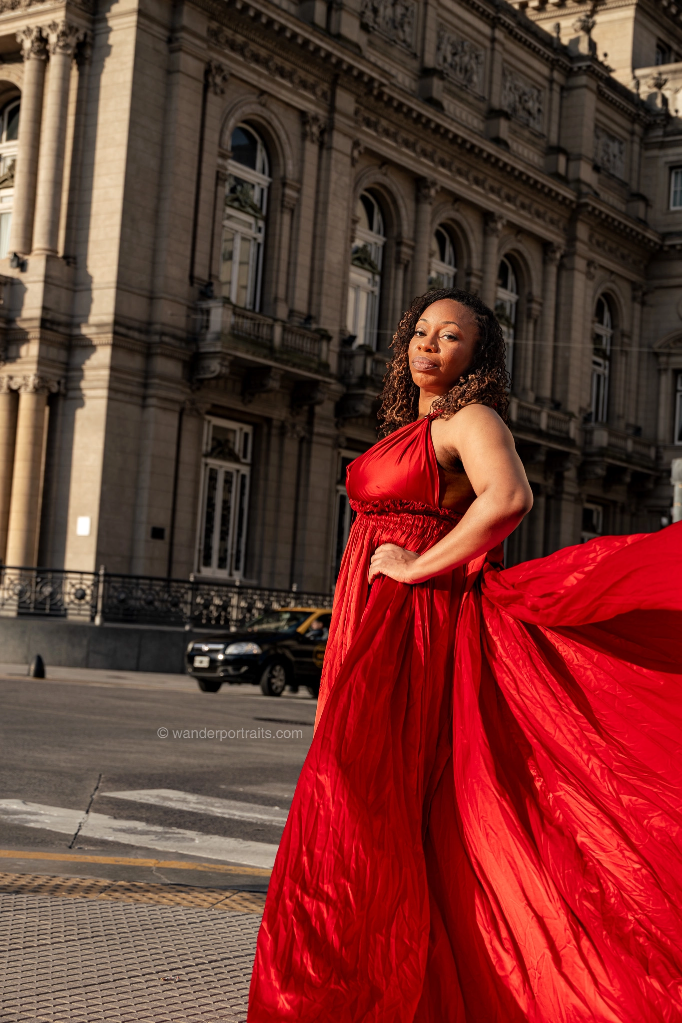 Cinematic flying dress photoshoot at Teatro Colón